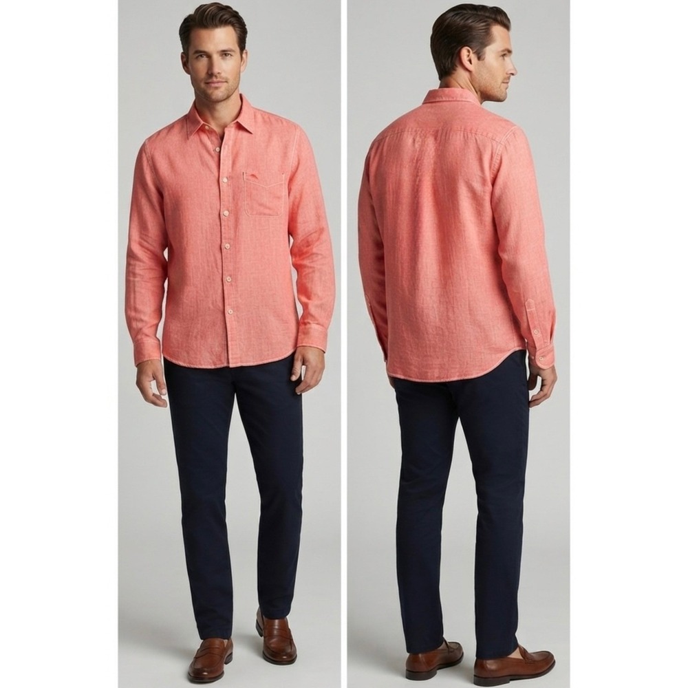 Tommy Bahama Men's Small Long Sleeve Button Down Shirt‎ Coral Linen Marl Logo